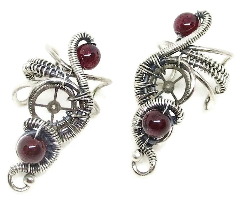 "Rolling Wave" Sterling Silver Steampunk Ear Cuff with Custom Gemstone