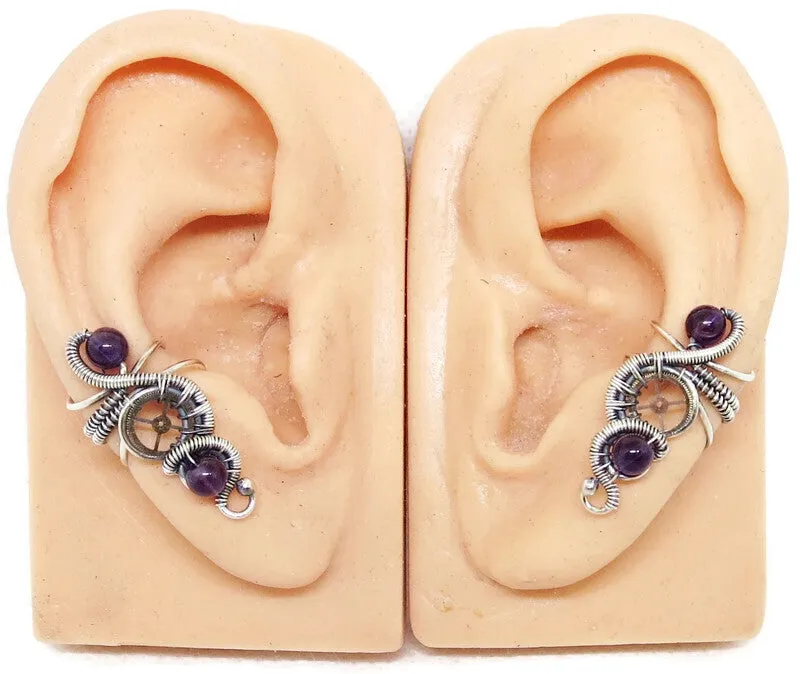 "Rolling Wave" Sterling Silver Steampunk Ear Cuff with Custom Gemstone