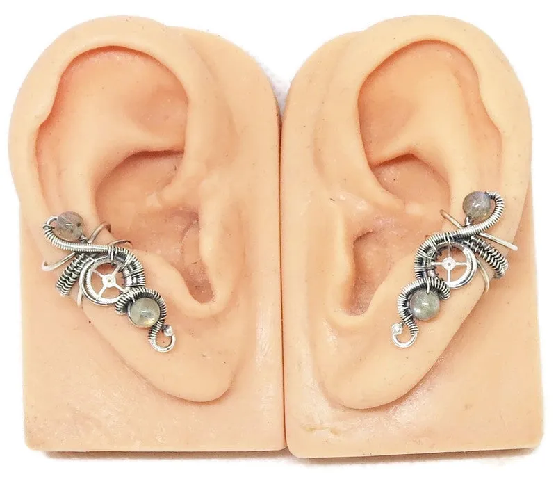 "Rolling Wave" Sterling Silver Steampunk Ear Cuff with Custom Gemstone