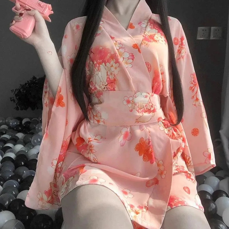 "Sakura Floral Vintage Print" Japanese Kimono Lingerie Y042118
