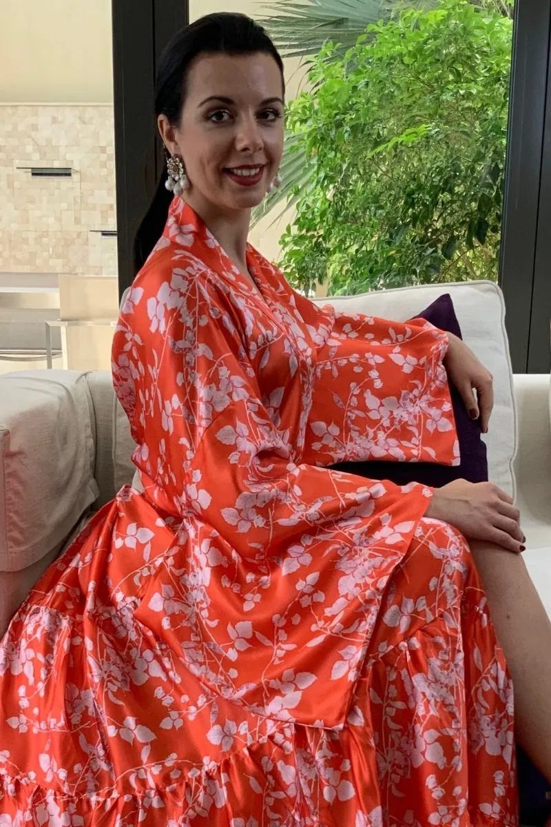Red and white Flowers silk Kimono
