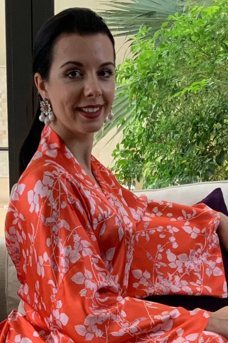 Red and white Flowers silk Kimono