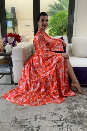 Red and white Flowers silk Kimono