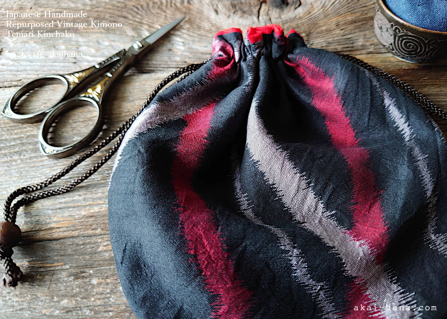 Repurposed Vintage Kimono Temari Kinchaku Purse, Black x Red, tkvk0002