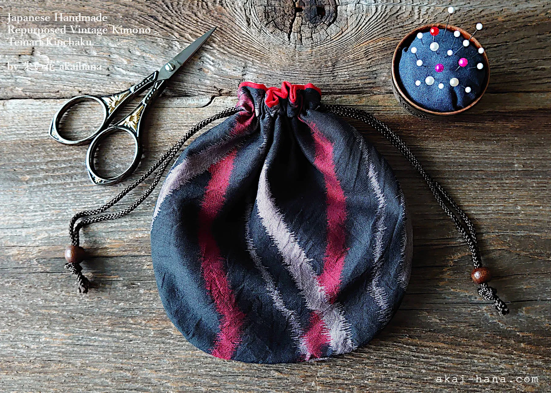 Repurposed Vintage Kimono Temari Kinchaku Purse, Black x Red, tkvk0002