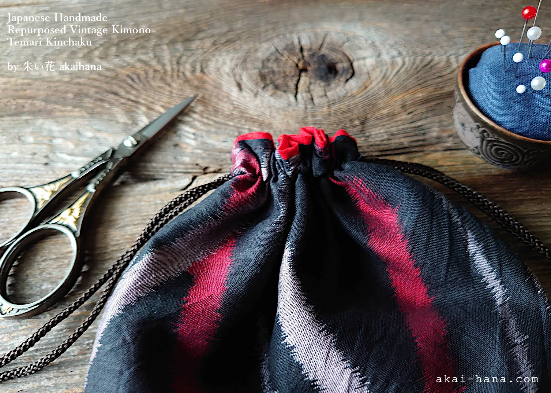 Repurposed Vintage Kimono Temari Kinchaku Purse, Black x Red, tkvk0002