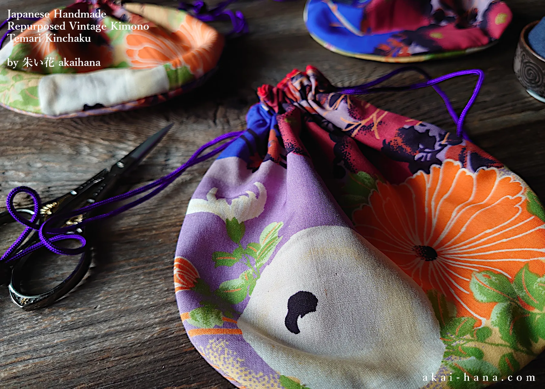 Repurposed Vintage Kimono Temari Kinchaku Purse, tkvk0008
