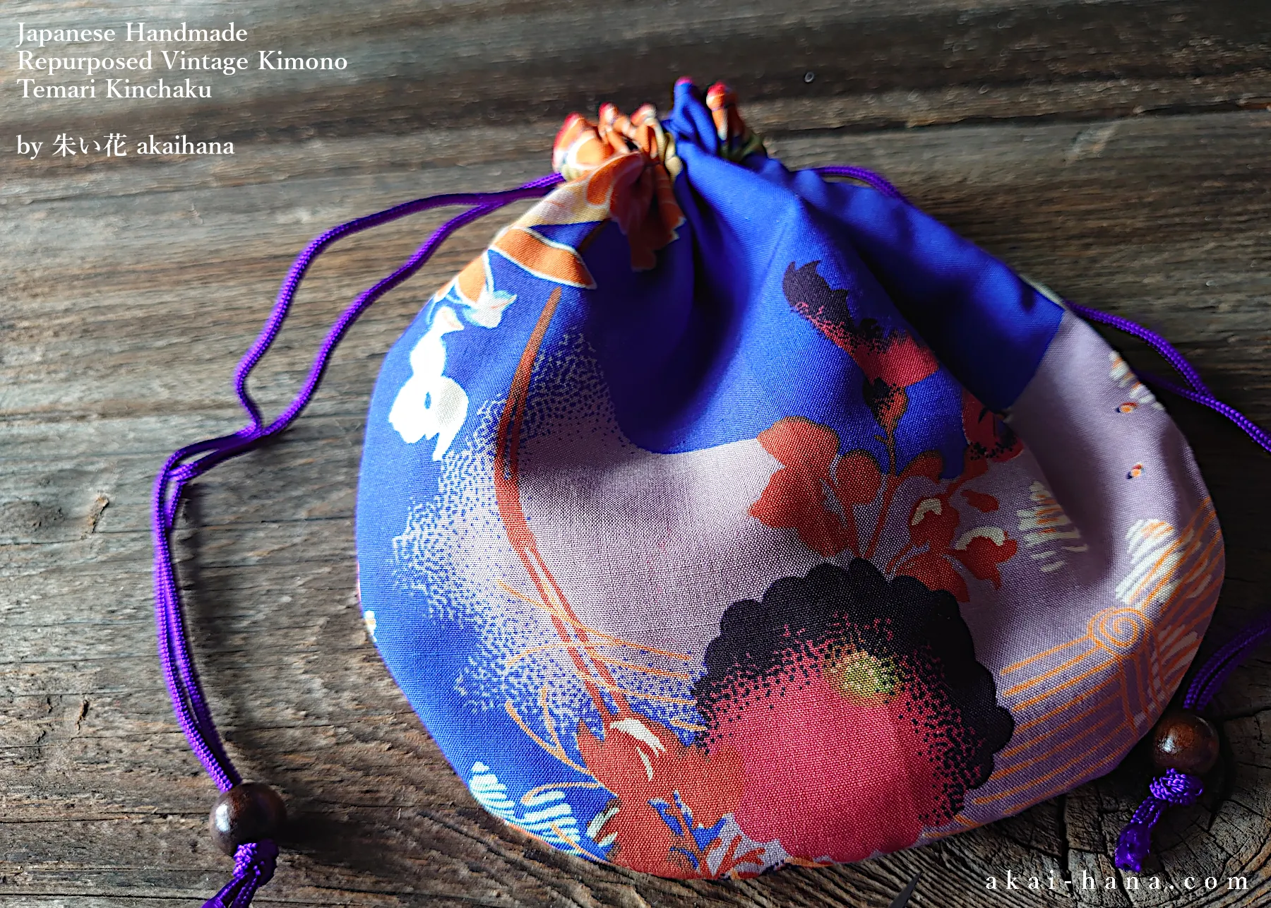 Repurposed Vintage Kimono Temari Kinchaku Purse, tkvk0008