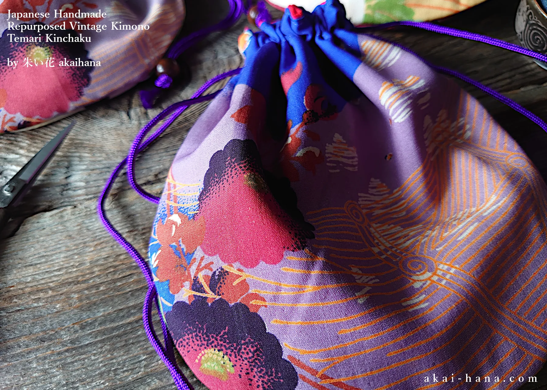 Repurposed Vintage Kimono Temari Kinchaku Purse, tkvk0008