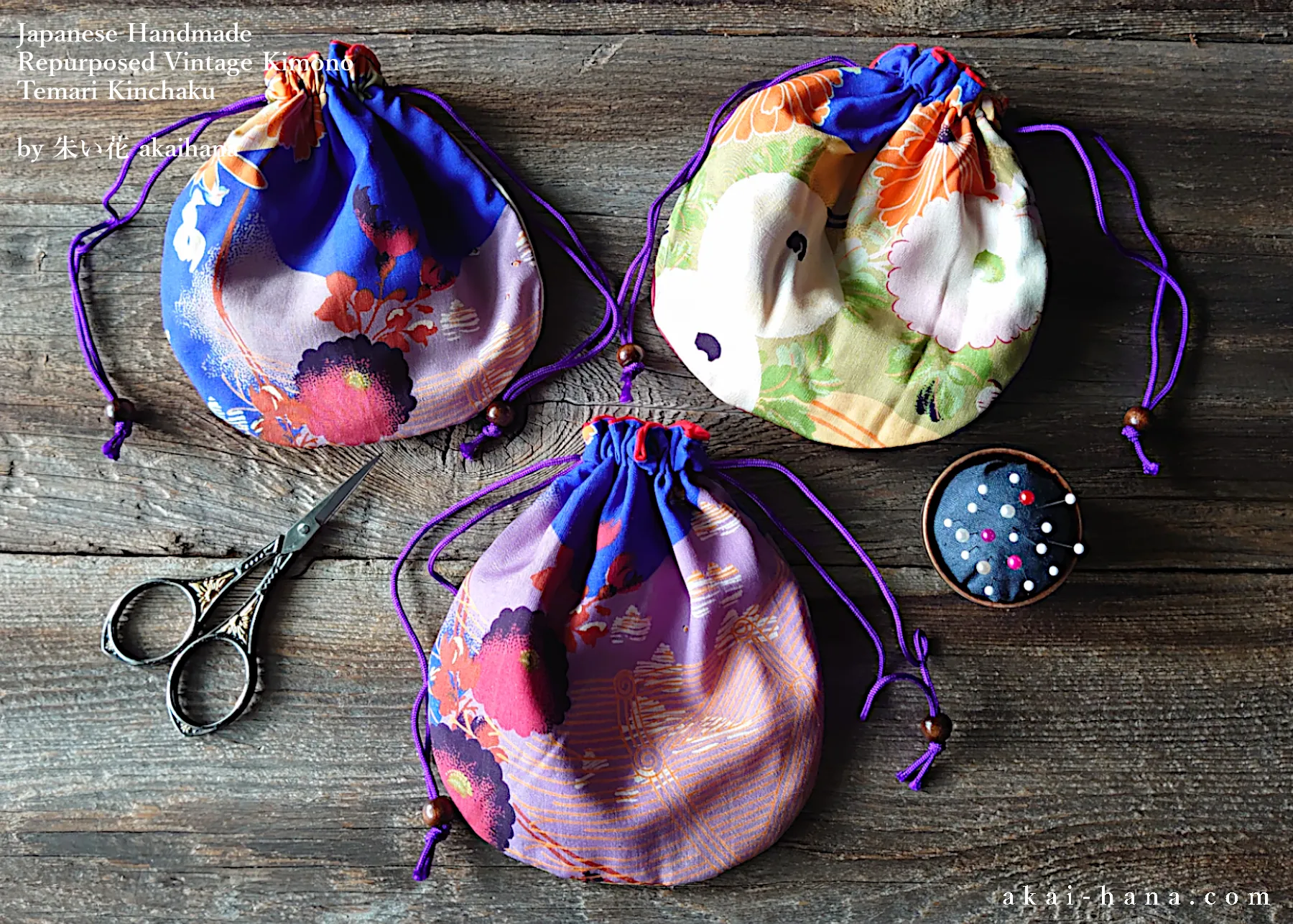 Repurposed Vintage Kimono Temari Kinchaku Purse, tkvk0008