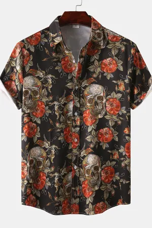 Rose Skull Print Button Up Shirt