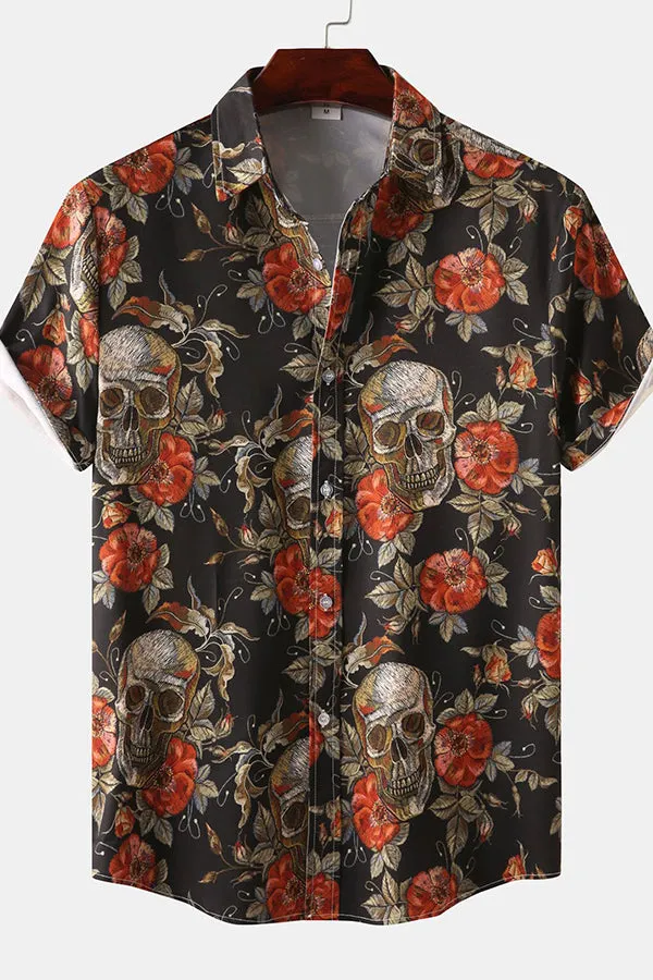 Rose Skull Print Button Up Shirt