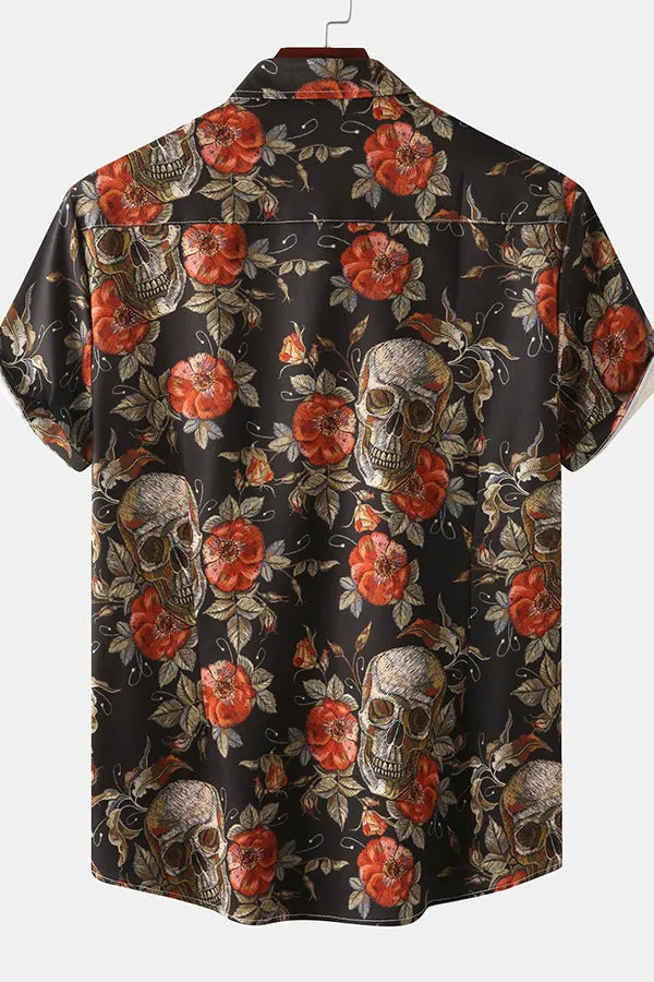 Rose Skull Print Button Up Shirt