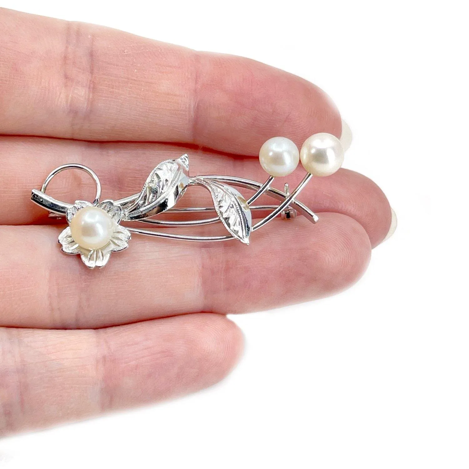 Sakura Cherry Blossom Japanese Akoya Cultured Saltwater Pearl Brooch- Sterling Silver