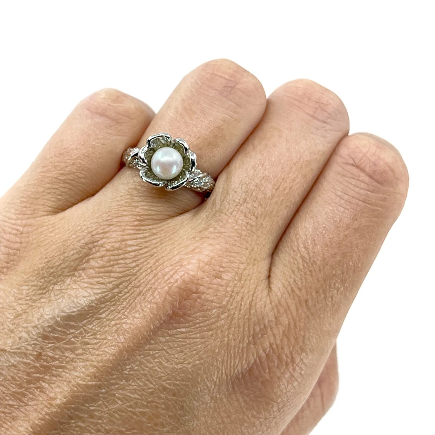 Sakura Cherry Blossom Japanese Saltwater Akoya Cultured Pearl Ring- Sterling Silver Sz 7 3/4
