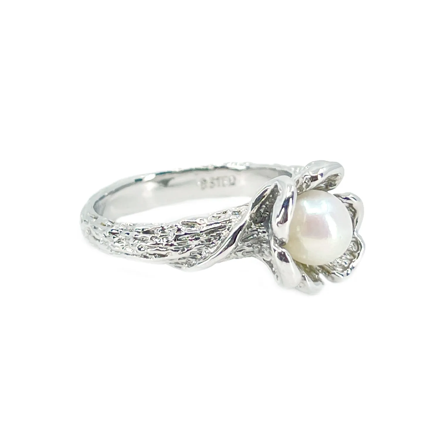 Sakura Cherry Blossom Japanese Saltwater Akoya Cultured Pearl Ring- Sterling Silver Sz 7 3/4