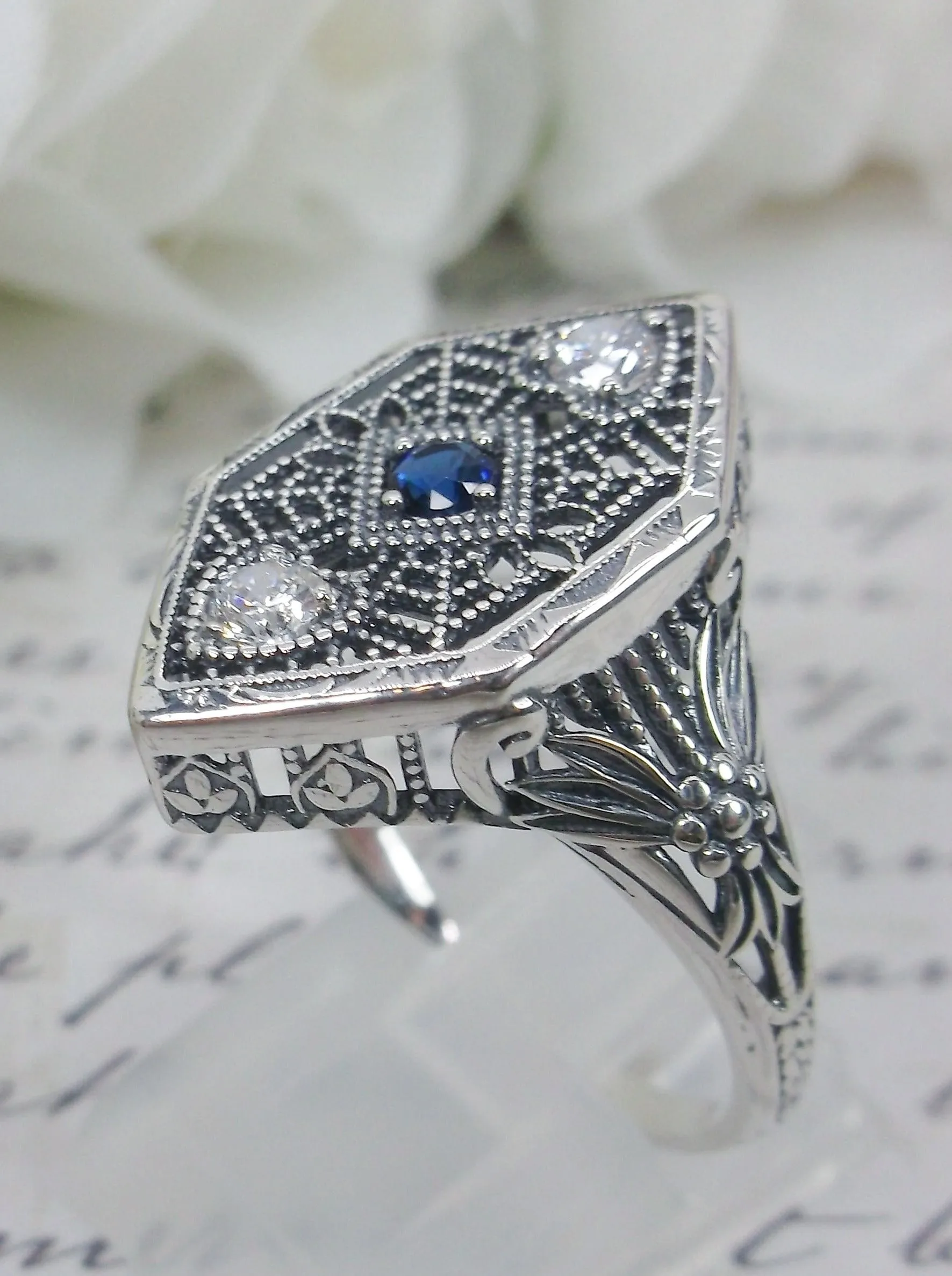 Sapphire Ring, add Earrings, Pendant or Full Set, Art Deco Revival Jewelry #D231