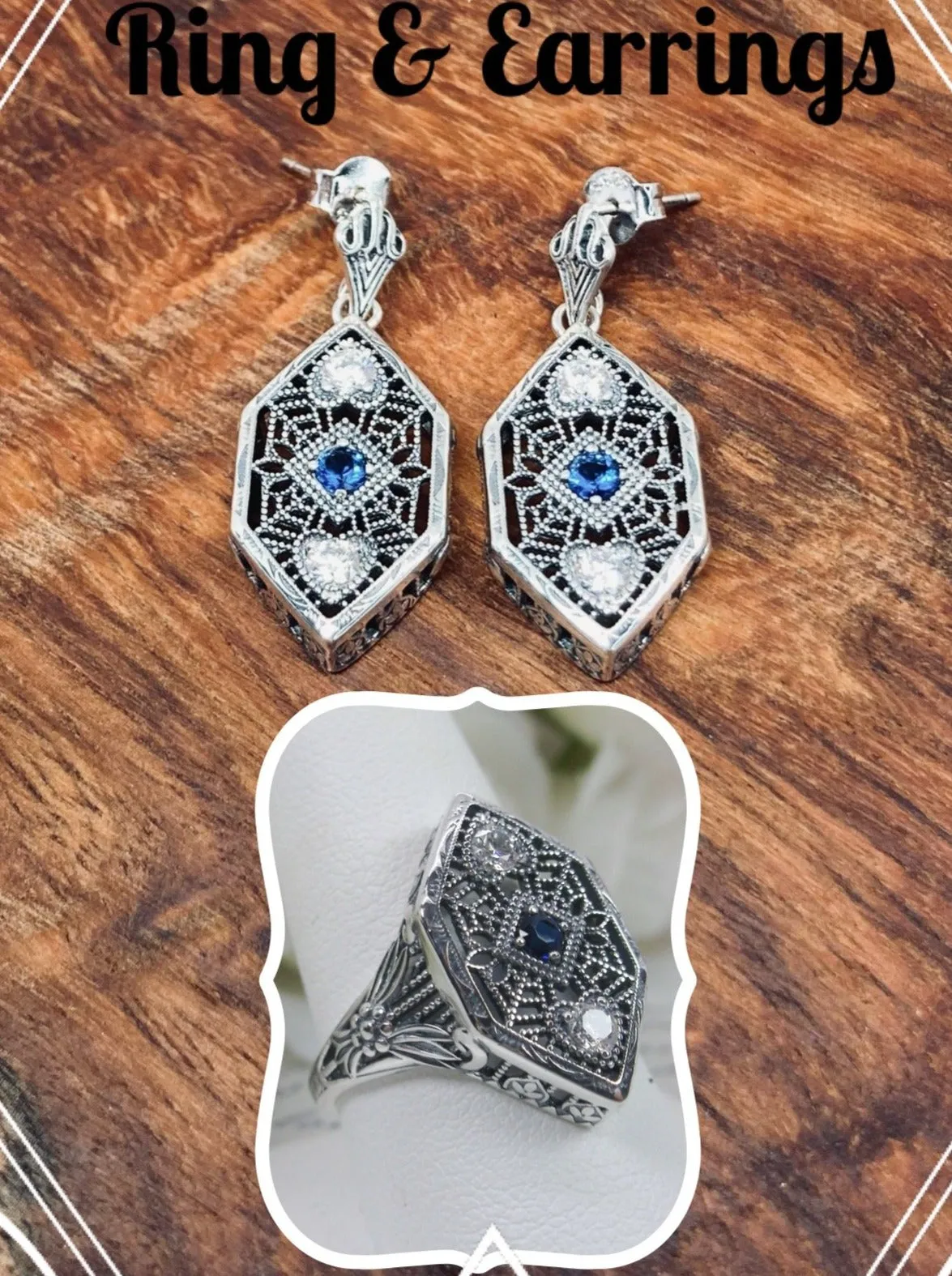 Sapphire Ring, add Earrings, Pendant or Full Set, Art Deco Revival Jewelry #D231