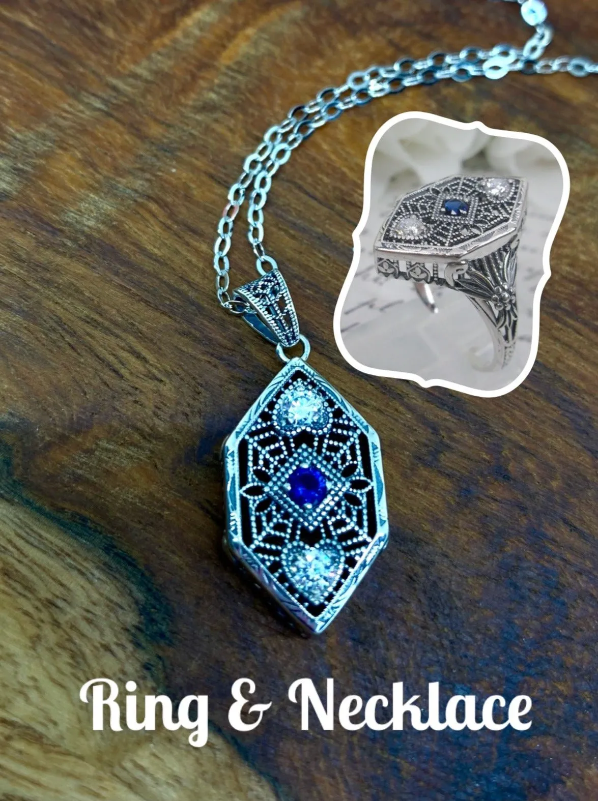 Sapphire Ring, add Earrings, Pendant or Full Set, Art Deco Revival Jewelry #D231