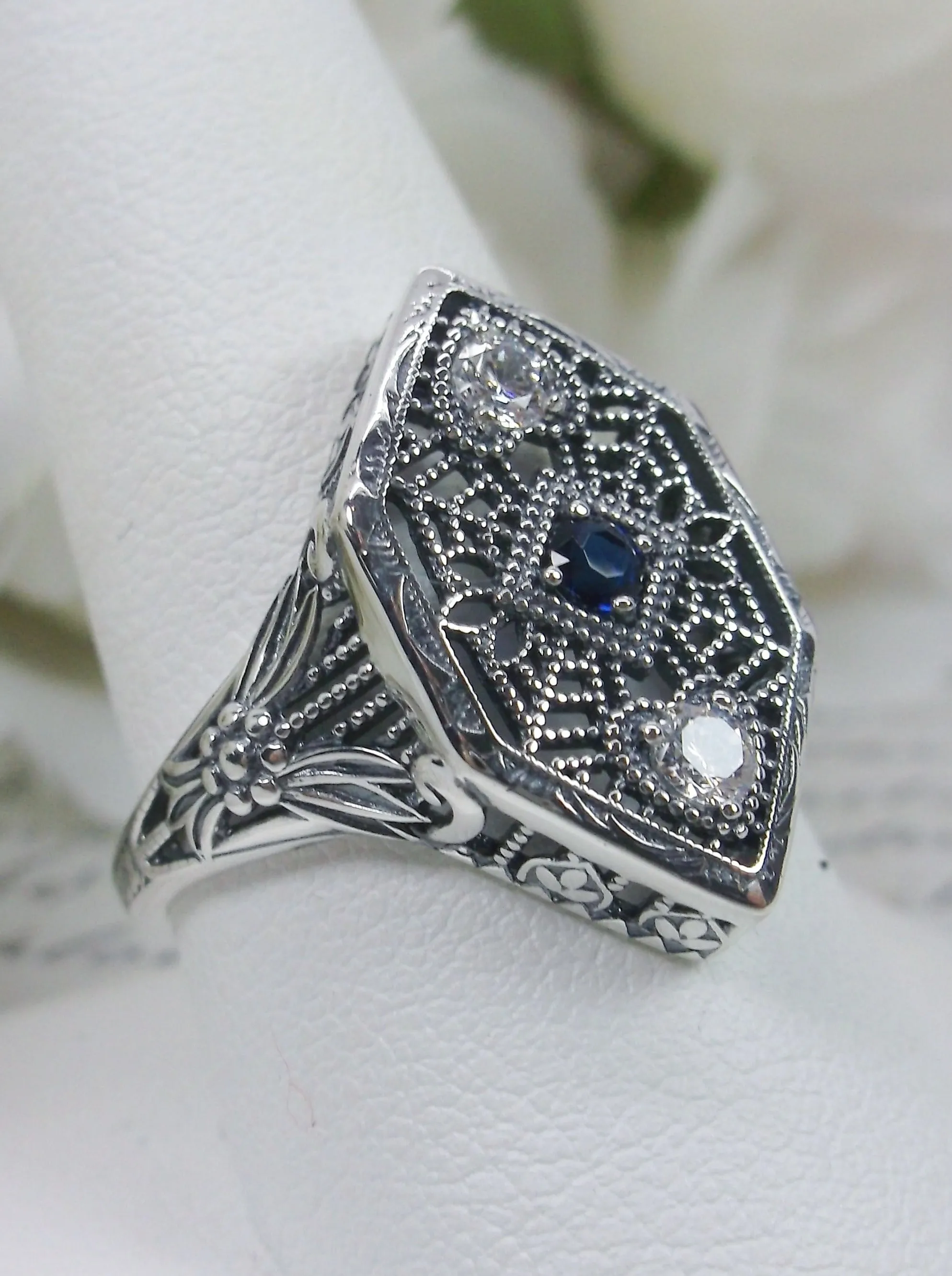 Sapphire Ring, add Earrings, Pendant or Full Set, Art Deco Revival Jewelry #D231