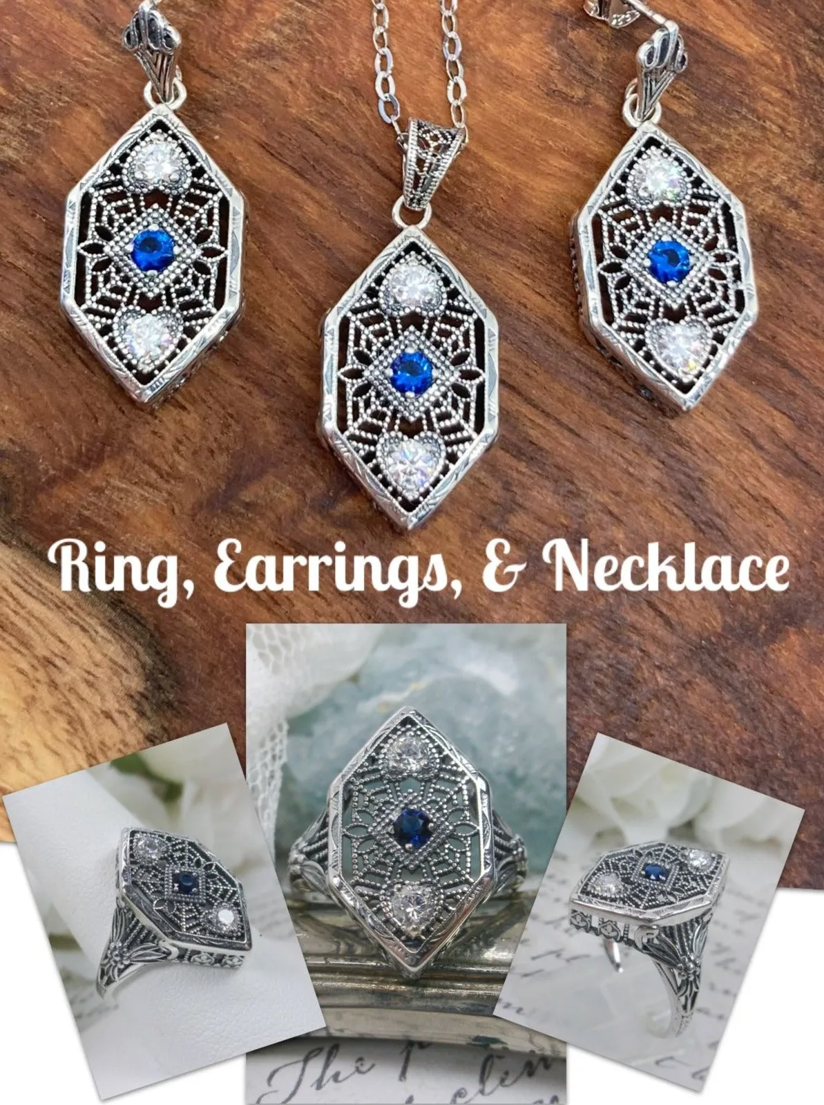 Sapphire Ring, add Earrings, Pendant or Full Set, Art Deco Revival Jewelry #D231
