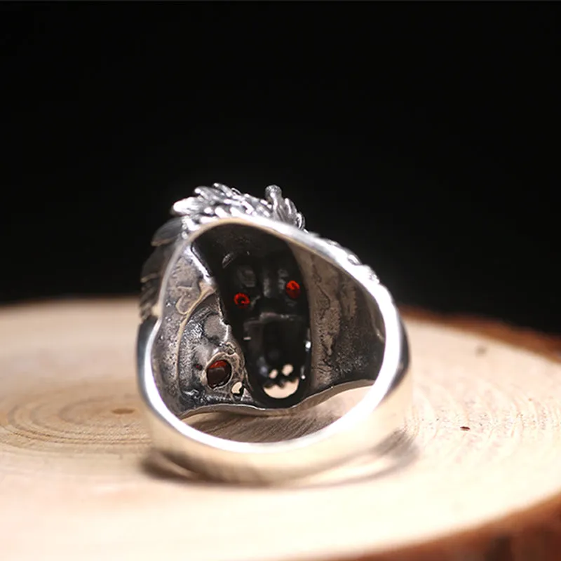 Solid 925 Sterling Silver Dragon with Red Zircon Eye Ring