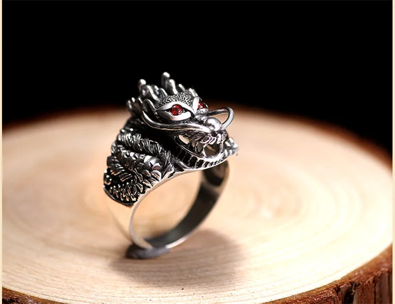 Solid 925 Sterling Silver Dragon with Red Zircon Eye Ring