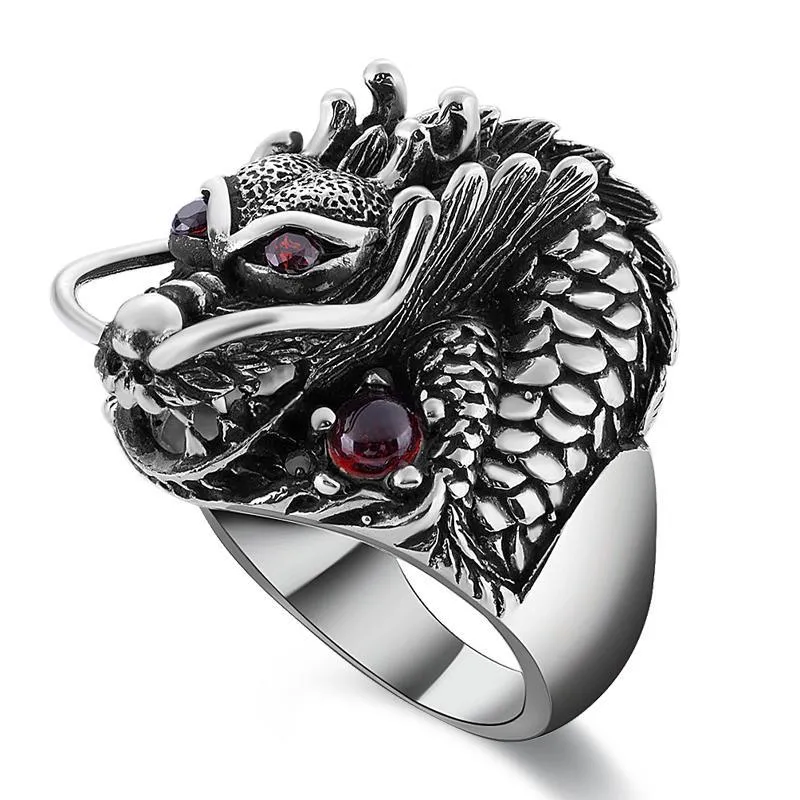 Solid 925 Sterling Silver Dragon with Red Zircon Eye Ring