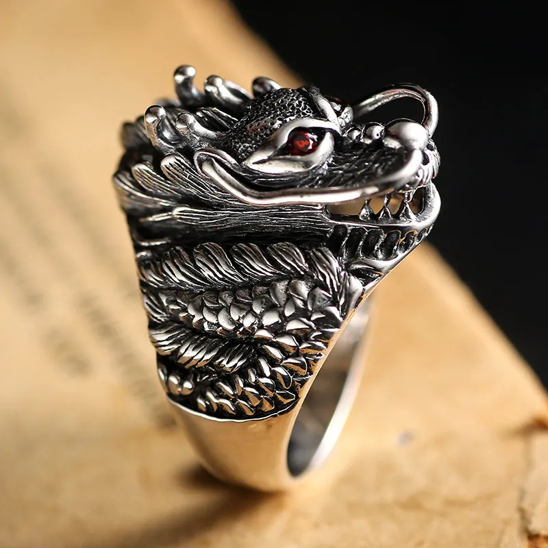 Solid 925 Sterling Silver Dragon with Red Zircon Eye Ring