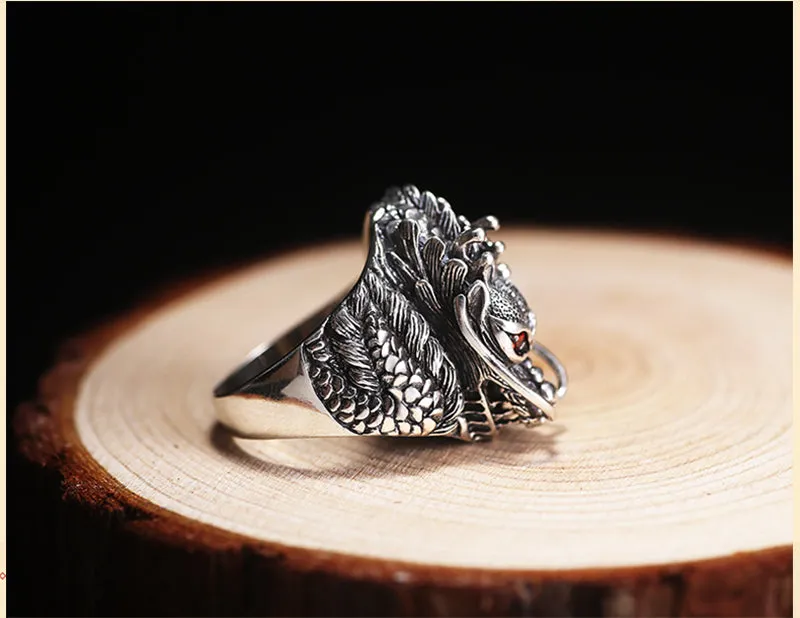 Solid 925 Sterling Silver Dragon with Red Zircon Eye Ring