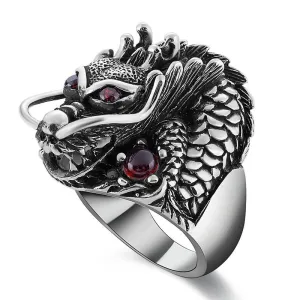 Solid 925 Sterling Silver Dragon with Red Zircon Eye Ring