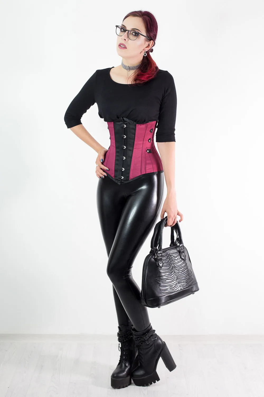 Steampunk Black and Pink Longline Underbust with Side Tabs