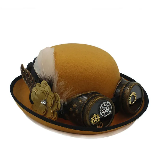 Steampunk Bowler Hat with Flower, Gear & Goggles