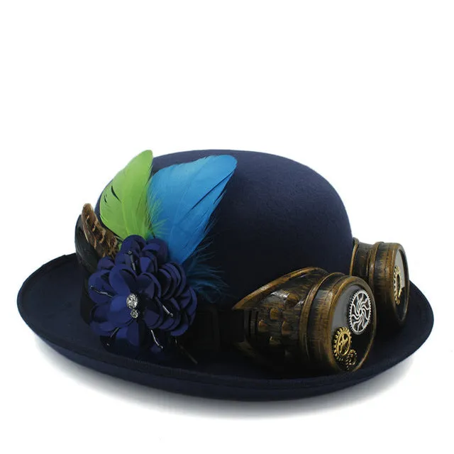 Steampunk Bowler Hat with Flower, Gear & Goggles