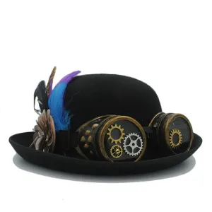 Steampunk Bowler Hat with Flower, Gear & Goggles