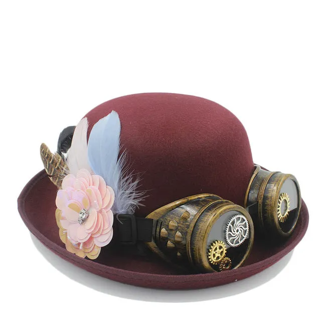 Steampunk Bowler Hat with Flower, Gear & Goggles