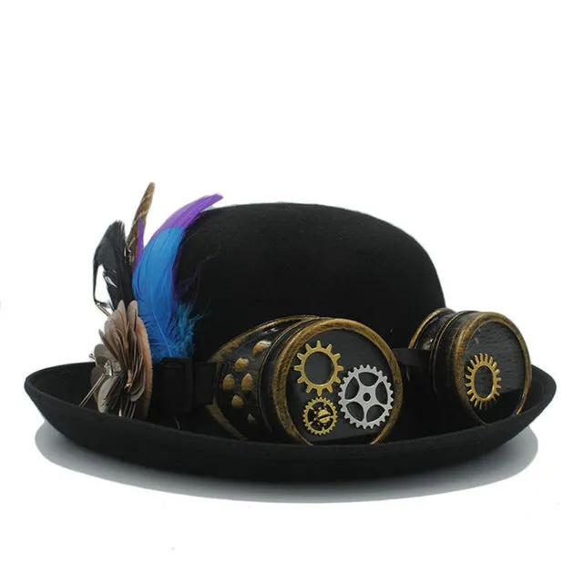 Steampunk Bowler Hat with Flower, Gear & Goggles