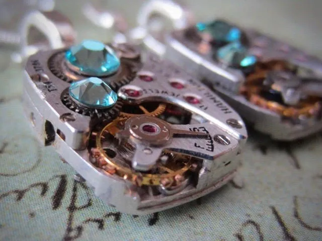 Steampunk ear gear - Turquoise - Steampunk Earrings - Hamilton - Vintage handmade watch parts jewelry