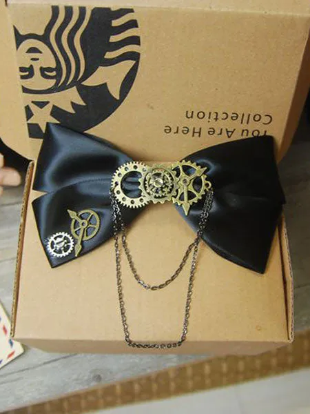 Steampunk Lolita Hair Clip Satin Bow Metallic Chain Black Lolita Hair Accessory