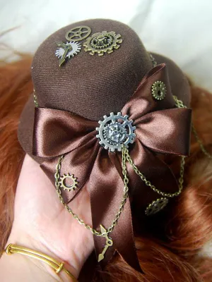 Steampunk Lolita Hat Tweed Satin Bow Metallic Chain Dark Brown Lolita Hair Accessory
