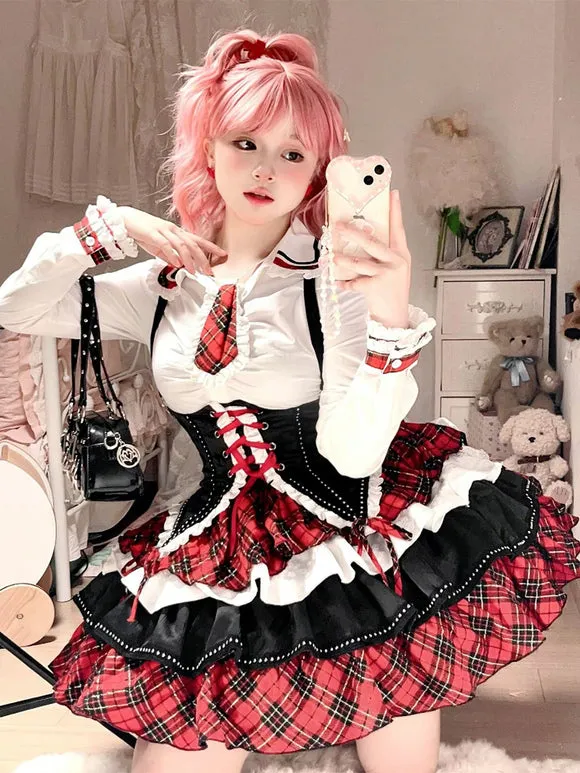 Steampunk Lolita Outfits Red Plaid Lace Up Ruffles Long Sleeves  Skirt