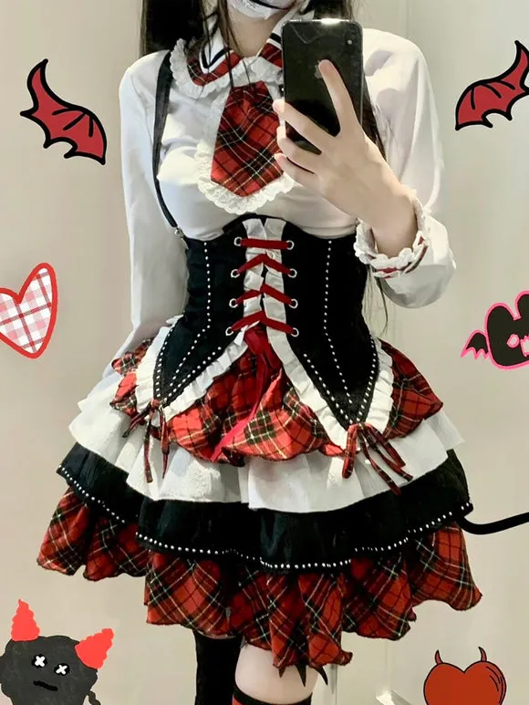 Steampunk Lolita Outfits Red Plaid Lace Up Ruffles Long Sleeves  Skirt