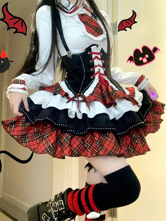 Steampunk Lolita Outfits Red Plaid Lace Up Ruffles Long Sleeves  Skirt