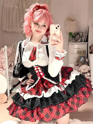 Steampunk Lolita Outfits Red Plaid Lace Up Ruffles Long Sleeves  Skirt