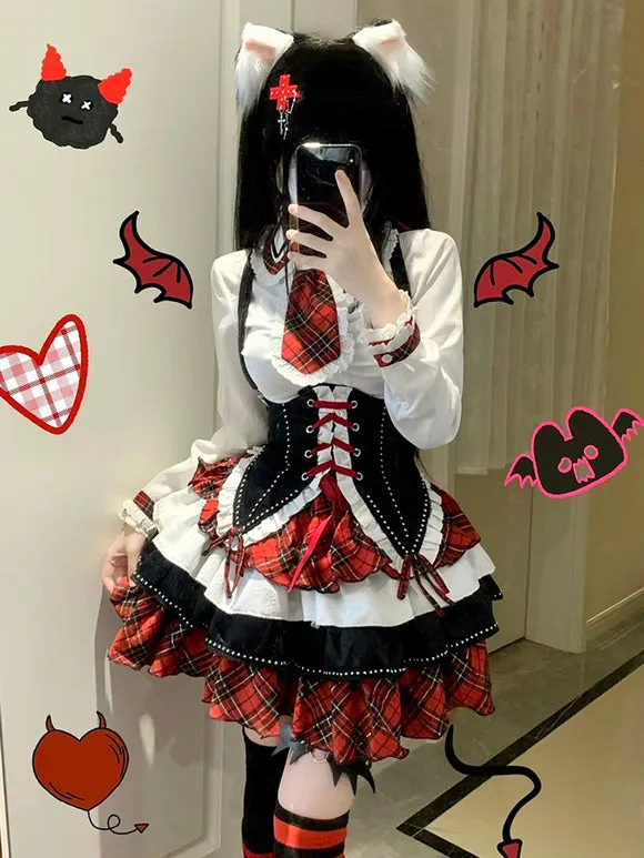 Steampunk Lolita Outfits Red Plaid Lace Up Ruffles Long Sleeves  Skirt
