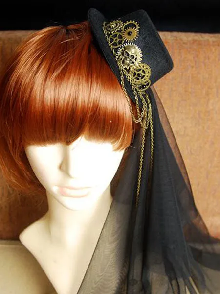 Steampunk Lolita Veil Tulle Hat Metal Detail Chain Black Lolita Headdress
