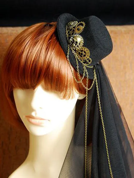 Steampunk Lolita Veil Tulle Hat Metal Detail Chain Black Lolita Headdress