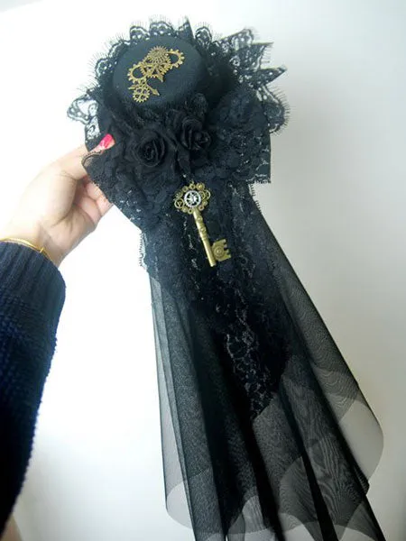 Steampunk Lolita Veil Tulle Lace Hat Metal Detail Ruffle Black Lolita Headdress