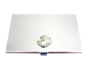 Steampunk Watch Gear Business Card Holder with Clear Swarovski Crystal