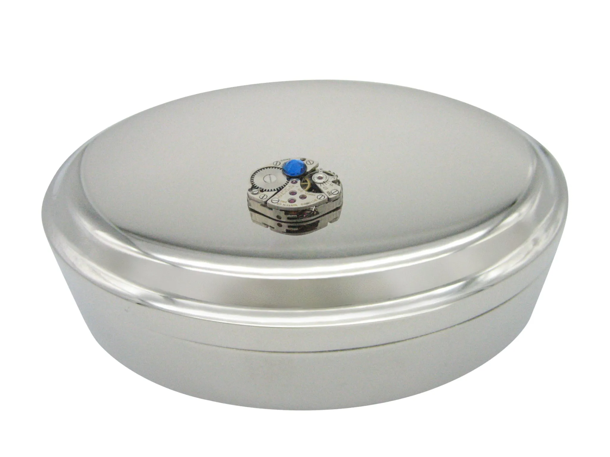 Steampunk Watch Gear with Blue Swarovski Crystal Pendant Oval Trinket Jewelry Box